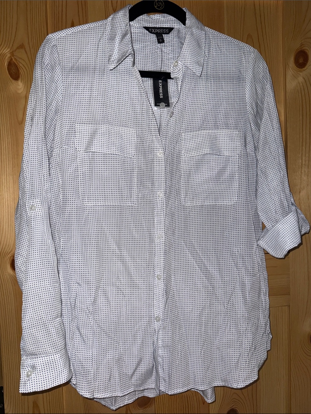 Express White Button-Down Blouse with Black Micro Dot Print